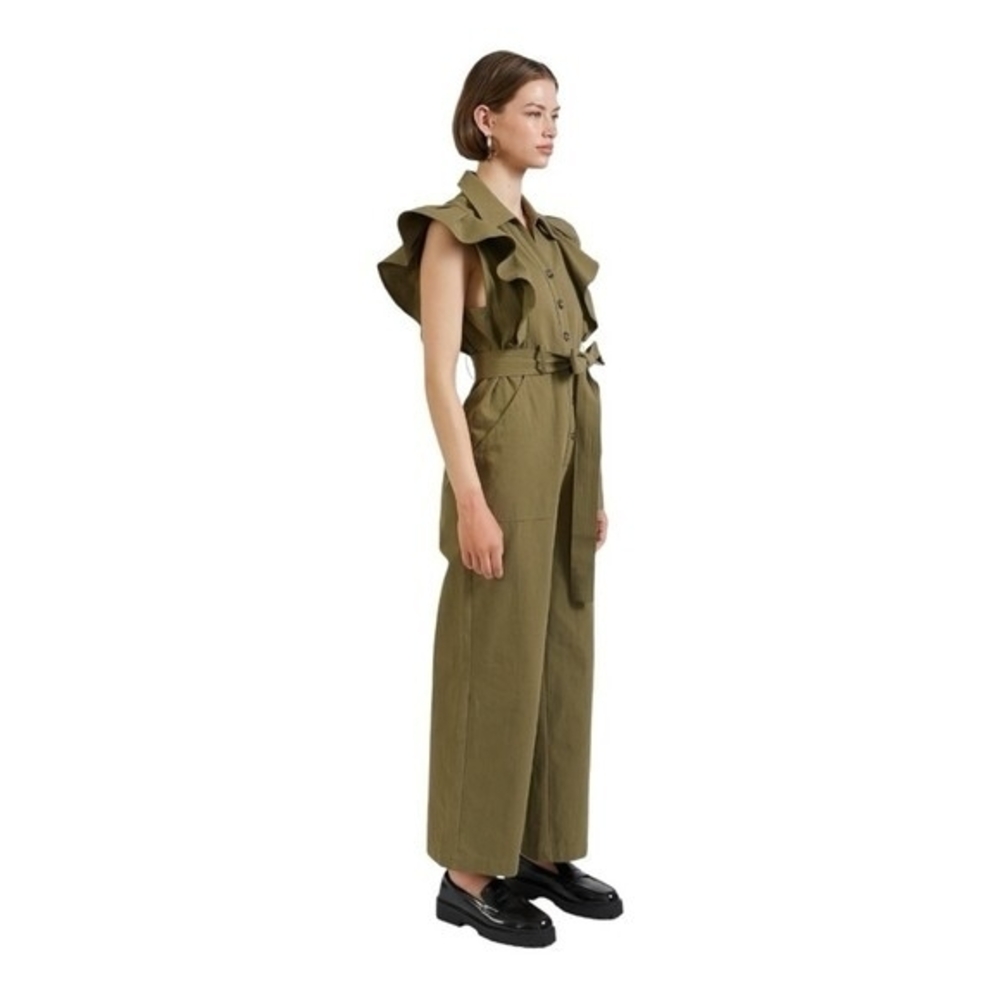 EN SAISON Essie Women's Army Green Ruffled Jumpsuit Size L Cotton Wide Leg NWT - Picture 4 of 8
